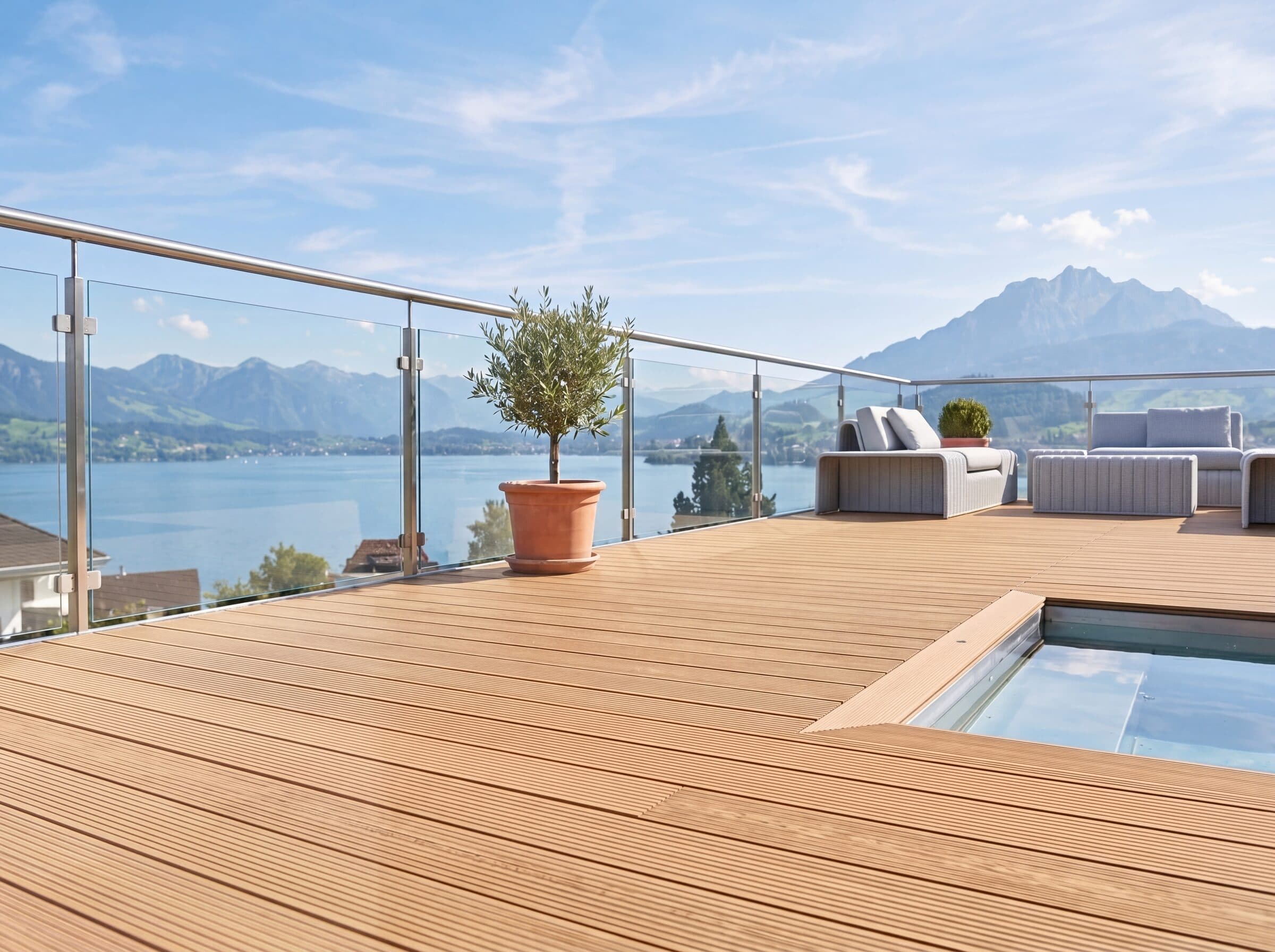 WPC Terrasse mit Seeblick und Glasgeländer