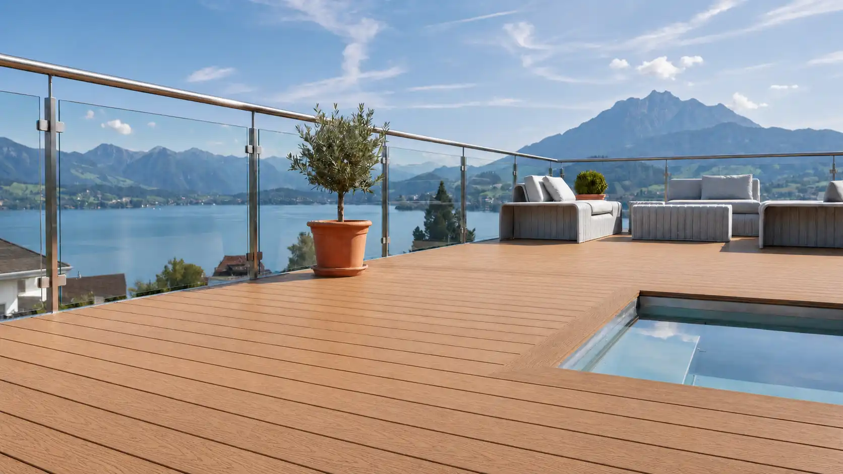 WPC Terrasse mit Seeblick und Glasgeländer